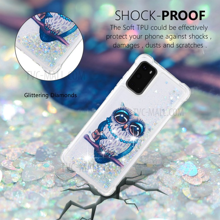 Pattern Printing Glitter Powder Quicksand TPU Phone Case for Samsung Galaxy S20 - Owl-4