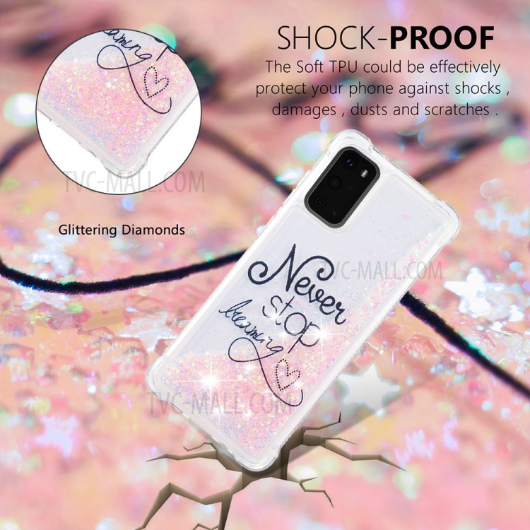 Pattern Printing Glitter Powder Quicksand TPU Phone Case for Samsung Galaxy S20 - Never Stop Dreaming-4