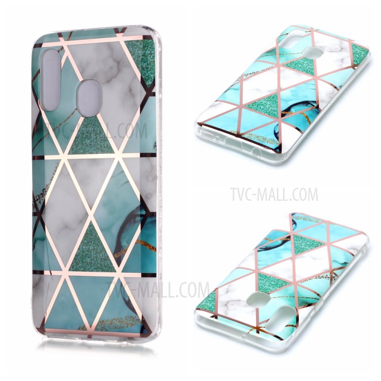 Marble Pattern Electroplating IMD TPU Phone Case for Samsung Galaxy A40 - White/Cyan-1