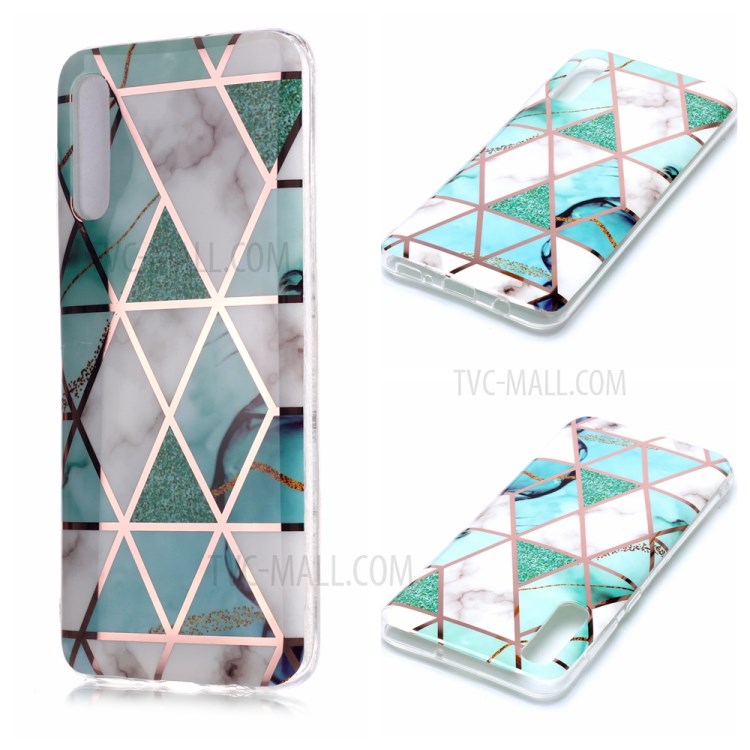 Marble Pattern Electroplating IMD TPU Back Case for Samsung Galaxy A70 - White/Cyan-1
