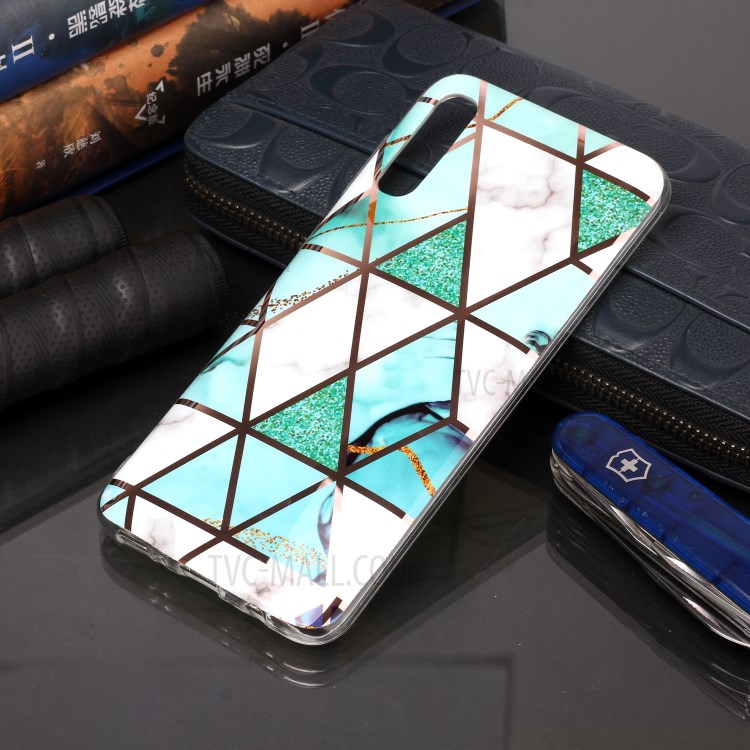 Marble Pattern Electroplating IMD TPU Back Case for Samsung Galaxy A70 - White/Cyan-5