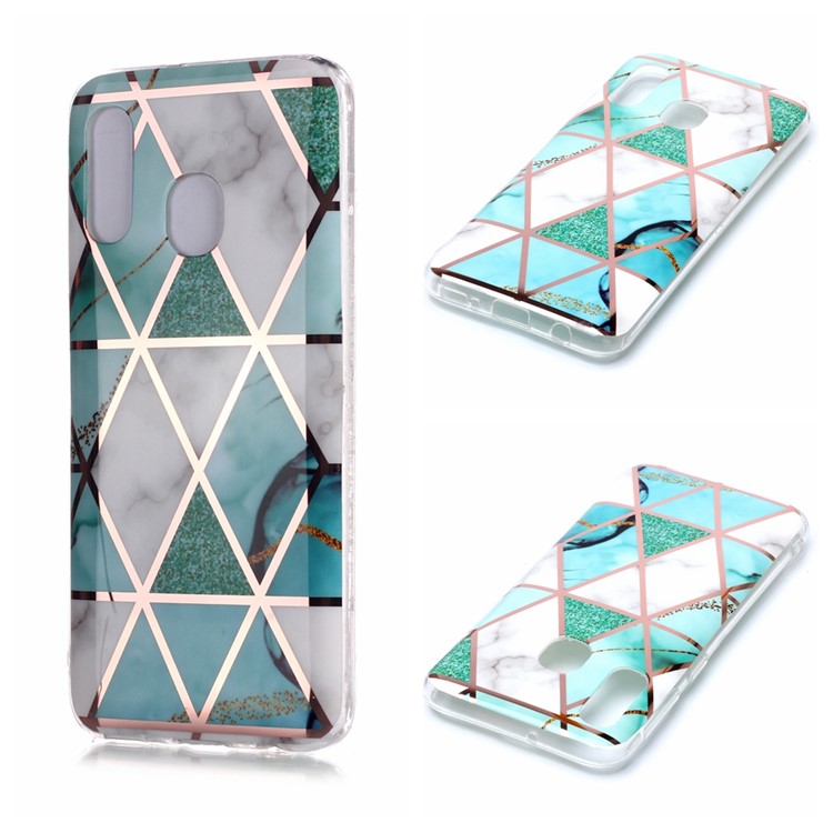 For Samsung Galaxy A20e Marble Pattern Rose Gold Electroplated IMD TPU Phone Casing - White / Cyan-1