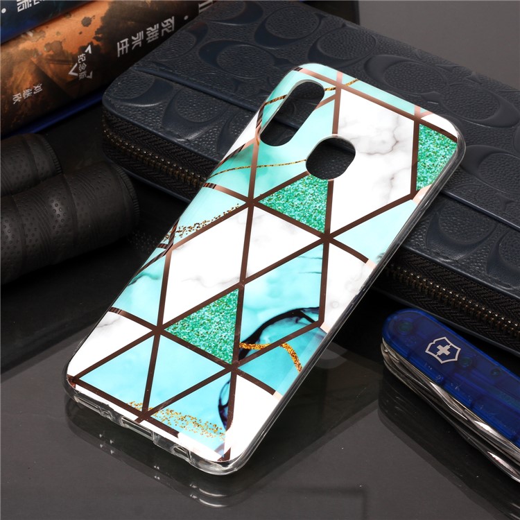 For Samsung Galaxy A20e Marble Pattern Rose Gold Electroplated IMD TPU Phone Casing - White / Cyan-5
