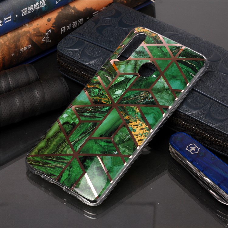For Samsung Galaxy A20s Marble Pattern IMD TPU Mobile Cover Rose Gold Plated Phone Case - Green-5
