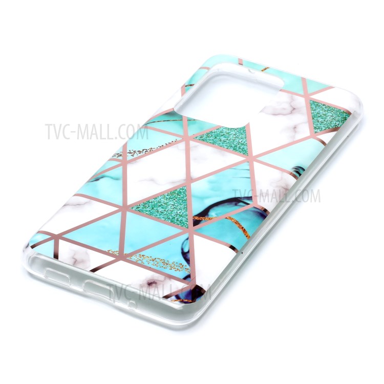 Marble Pattern Rose Gold Plated IMD TPU Phone Shell for Samsung Galaxy S20 Ultra - White / Cyan-3