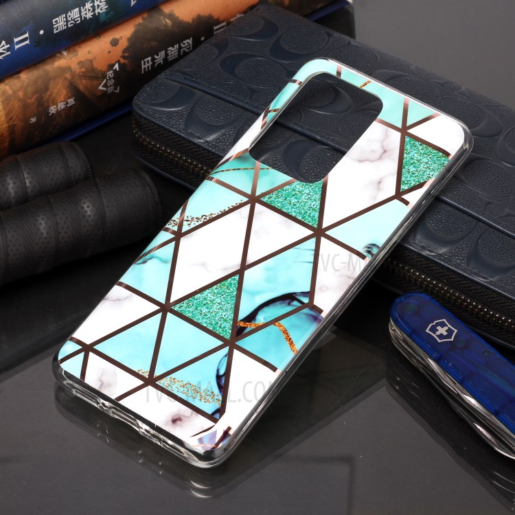 Marble Pattern Rose Gold Plated IMD TPU Phone Shell for Samsung Galaxy S20 Ultra - White / Cyan-5