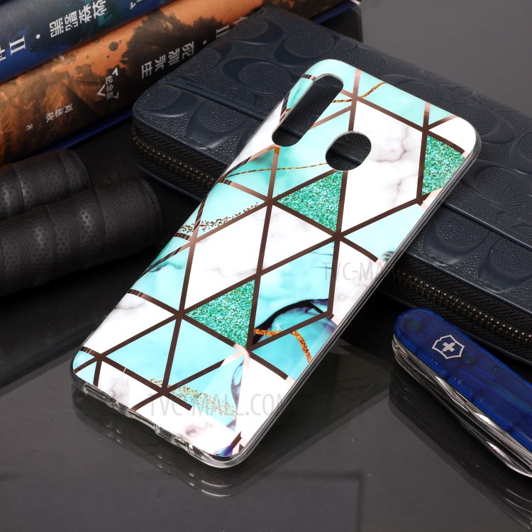 Marble Pattern Rose Gold Electroplating IMD TPU Back Case for Samsung Galaxy A20/A30 - White/Cyan-5