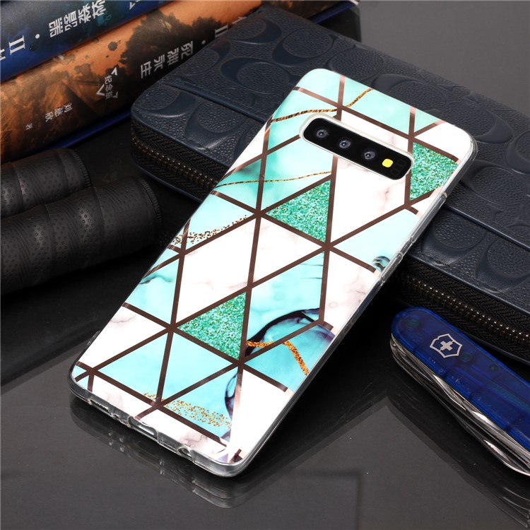 Marble Pattern Rose Gold Electroplating IMD TPU Cover for Samsung Galaxy S10 Plus - White / Cyan-5