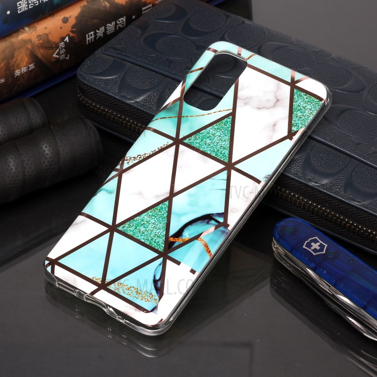 Marble Pattern Electroplating IMD TPU Cell Phone Case for Samsung Galaxy S20 - White/Cyan-5