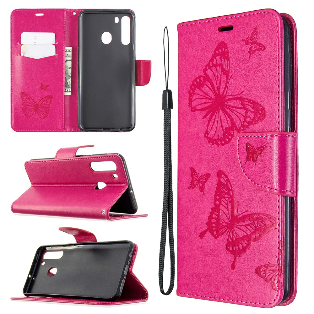 Imprint Butterfly Wallet Leather Stand Case for Samsung Galaxy A21 - Rose-1