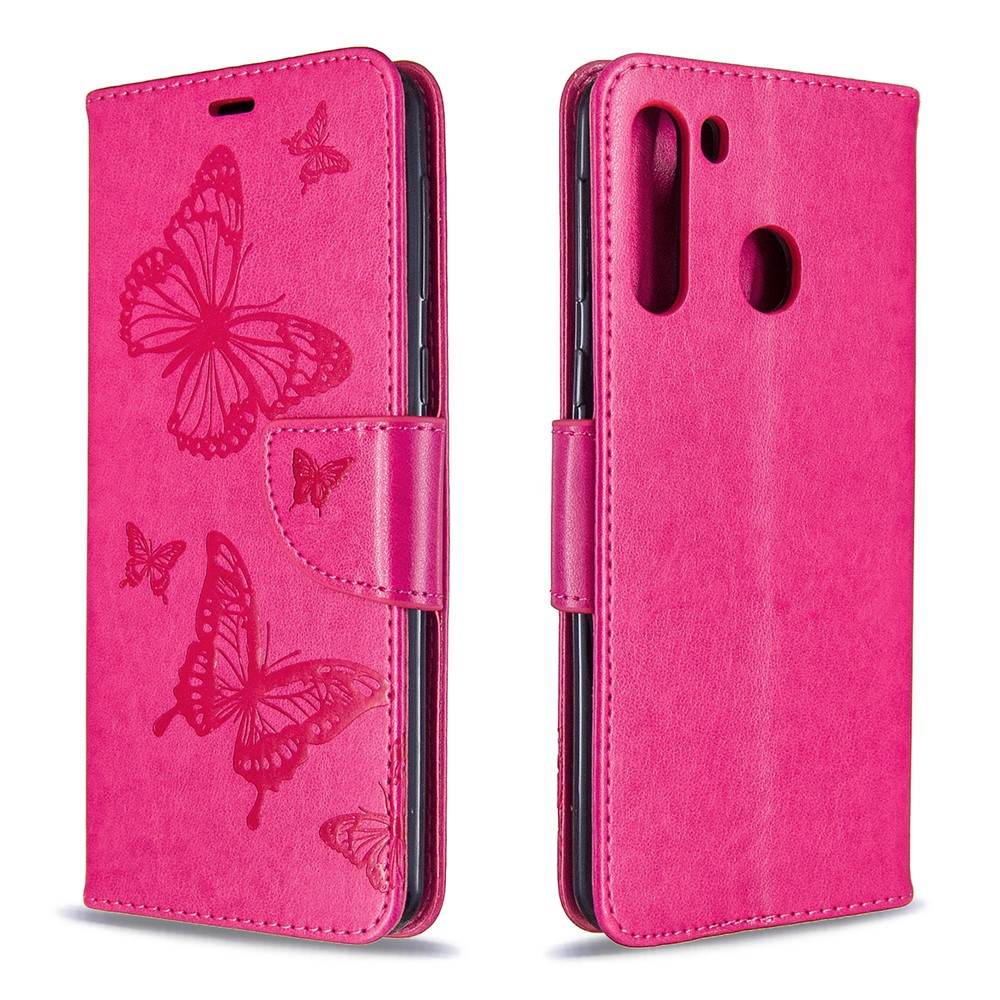 Imprint Butterfly Wallet Leather Stand Case for Samsung Galaxy A21 - Rose-4