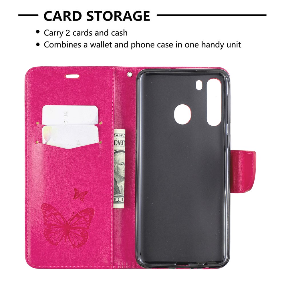 Imprint Butterfly Wallet Leather Stand Case for Samsung Galaxy A21 - Rose-6