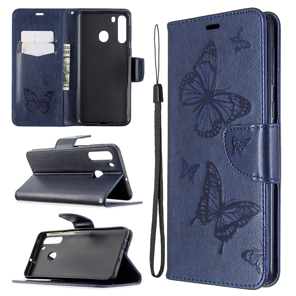 Imprint Butterfly Wallet Leather Stand Case for Samsung Galaxy A21 - Blue-1