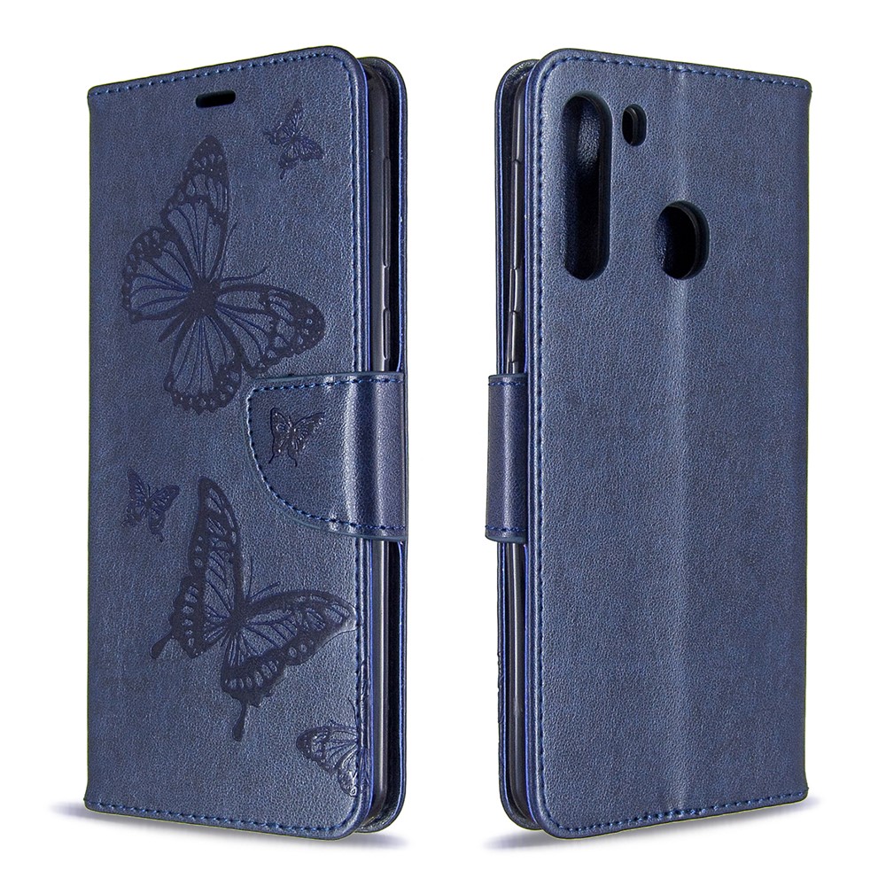 Imprint Butterfly Wallet Leather Stand Case for Samsung Galaxy A21 - Blue-4