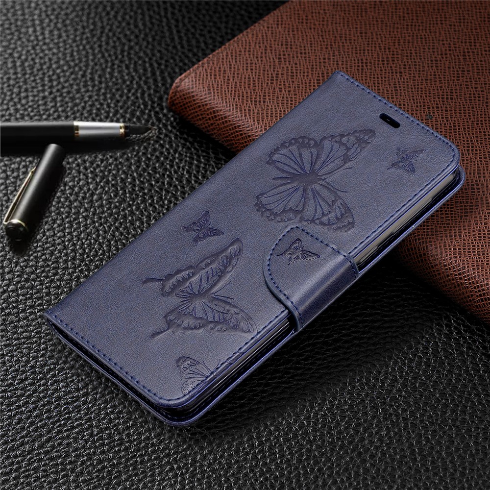 Imprint Butterfly Wallet Leather Stand Case for Samsung Galaxy A21 - Blue-7
