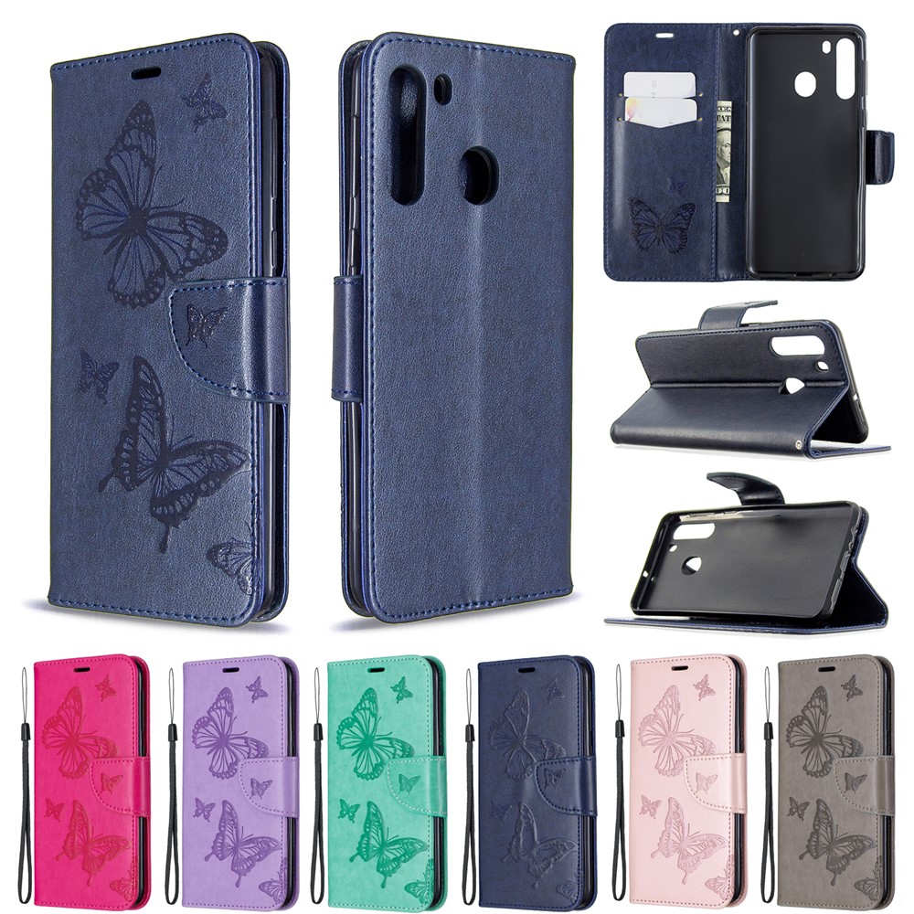 Imprint Butterfly Wallet Leather Stand Case for Samsung Galaxy A21 - Blue-9