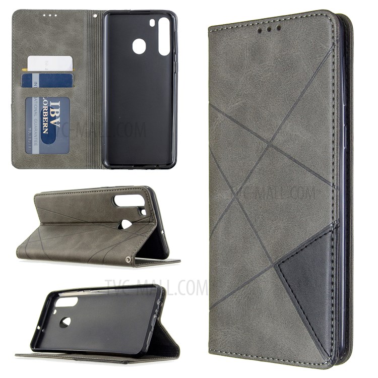 Geometric Pattern Stand Leather Card Holder Case for Samsung Galaxy A21 - Grey-1