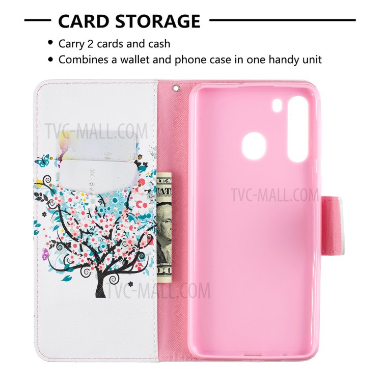 Pattern Printing Wallet Leather Flip Phone Cover for Samsung Galaxy A21 - Colorized Tree-6