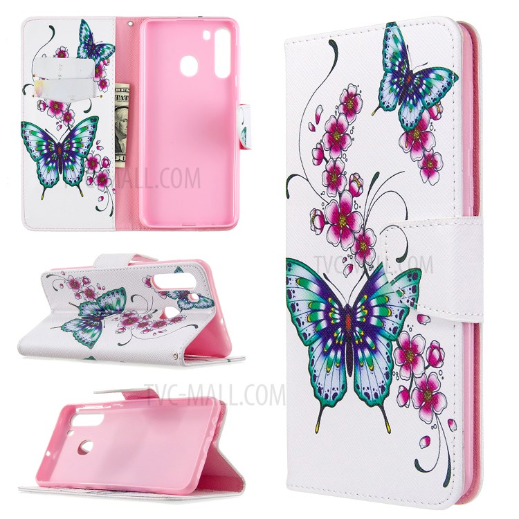 Pattern Printing Wallet Stand Flip Leather Phone Case for Samsung Galaxy A21 - Flowers and Butterflies-1