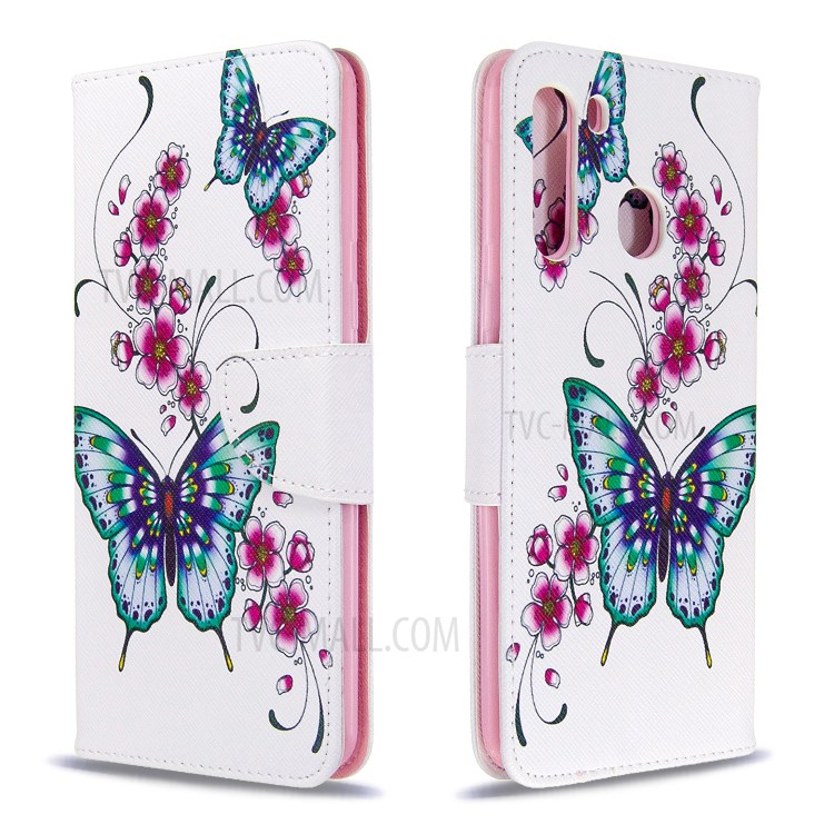 Pattern Printing Wallet Stand Flip Leather Phone Case for Samsung Galaxy A21 - Flowers and Butterflies-4