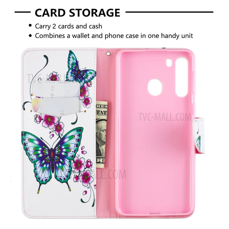 Pattern Printing Wallet Stand Flip Leather Phone Case for Samsung Galaxy A21 - Flowers and Butterflies-6