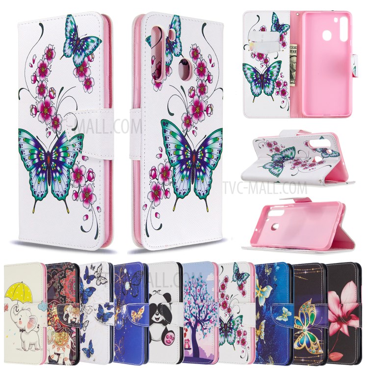 Pattern Printing Wallet Stand Flip Leather Phone Case for Samsung Galaxy A21 - Flowers and Butterflies-9