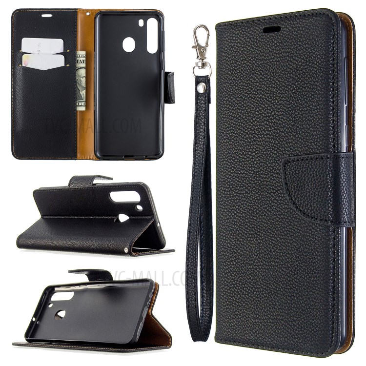 Litchi Texture Wallet Stand Leather Cover with Strap for Samsung Galaxy A21 - Black-1