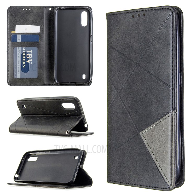 Geometric Pattern Leather Stand Case Card Holder Shell for Samsung Galaxy A01 - Black-1