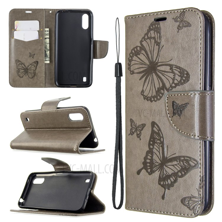 Mariposa Cartera Cáscara De La Protección Del Cuero Del Tirón Impronta Para Samsung Galaxy A01 - Gris-1
