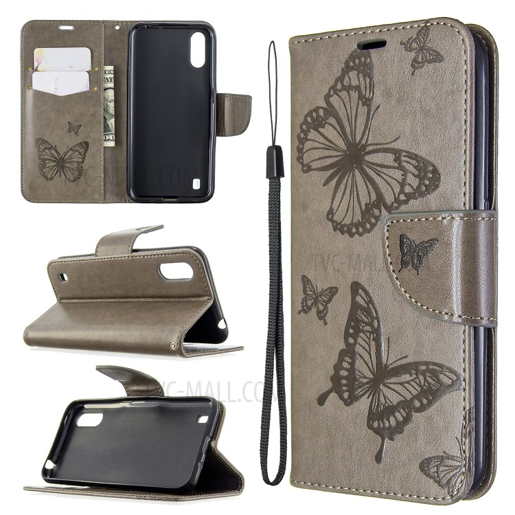 Imprint Butterfly Wallet Flip Leather Protection Shell for Samsung Galaxy A01 - Grey-1