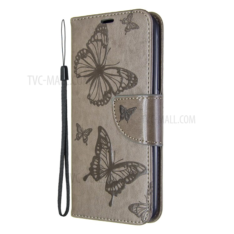 Imprint Butterfly Wallet Flip Leather Protection Shell for Samsung Galaxy A01 - Grey-2