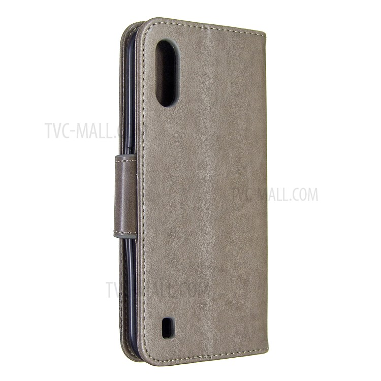 Imprint Butterfly Wallet Flip Leather Protection Shell for Samsung Galaxy A01 - Grey-3