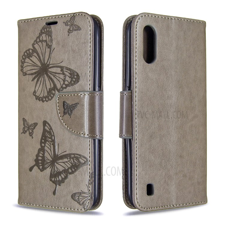 Imprint Butterfly Wallet Flip Leather Protection Shell for Samsung Galaxy A01 - Grey-4