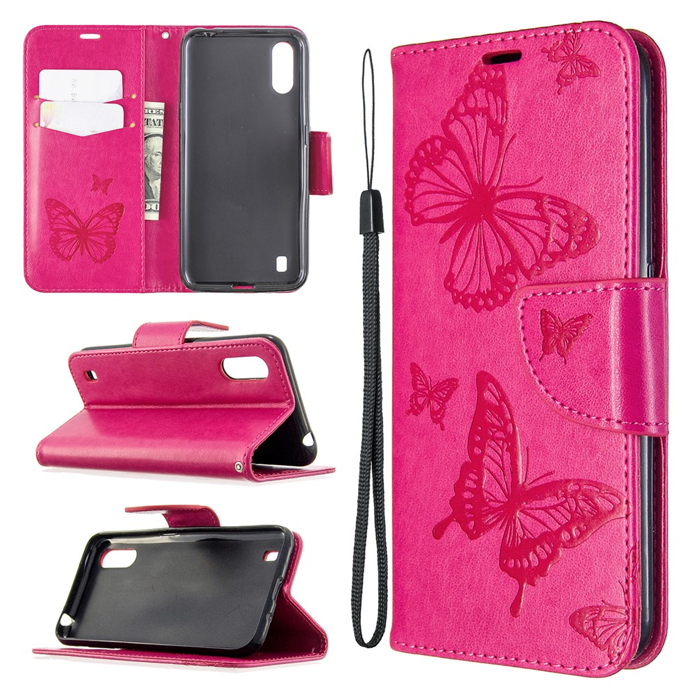 Imprint Butterfly Wallet Flip Leather Protection Shell for Samsung Galaxy A01 - Rose-1