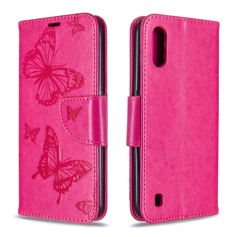 Imprint Butterfly Wallet Flip Leather Protection Shell for Samsung Galaxy A01 - Rose-4