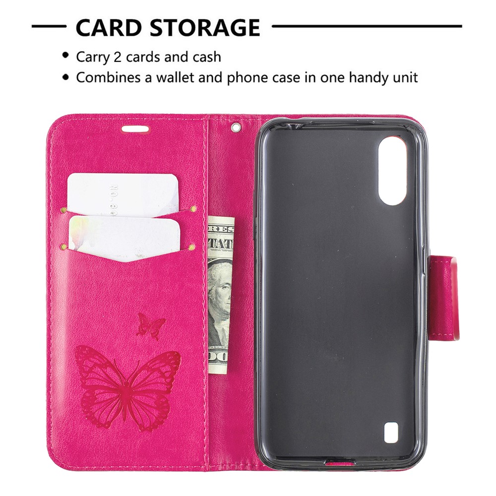 Imprint Butterfly Wallet Flip Leather Protection Shell for Samsung Galaxy A01 - Rose-6