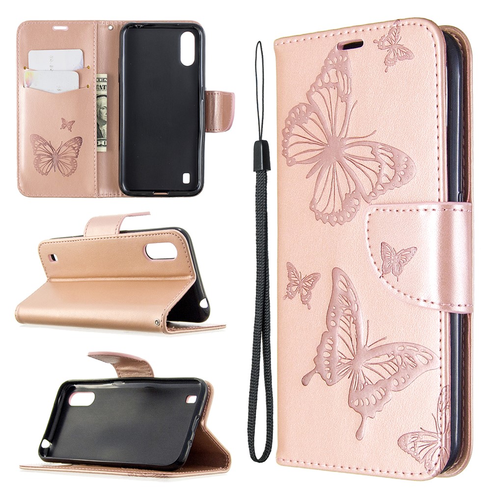 Imprint Butterfly Wallet Flip Leather Protection Shell for Samsung Galaxy A01 - Rose Gold-1