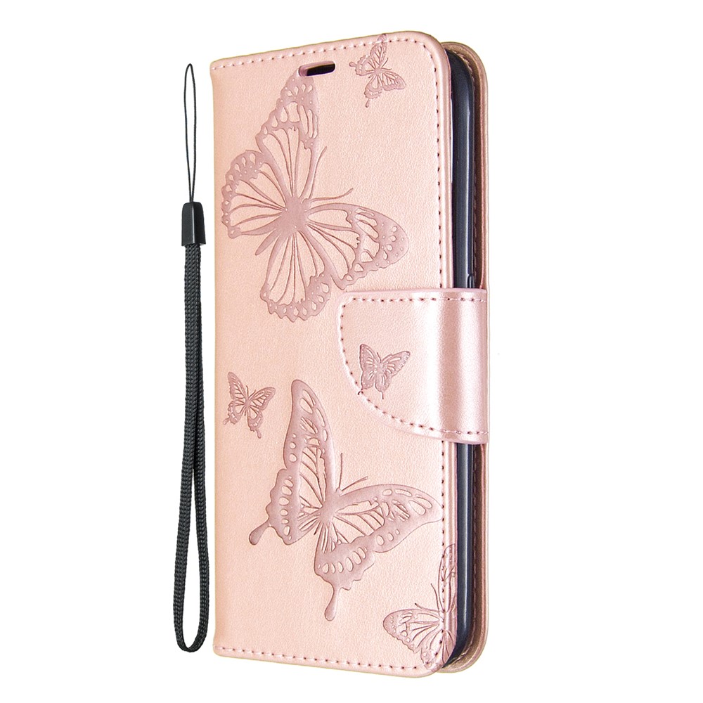 Imprint Butterfly Wallet Flip Leather Protection Shell for Samsung Galaxy A01 - Rose Gold-2