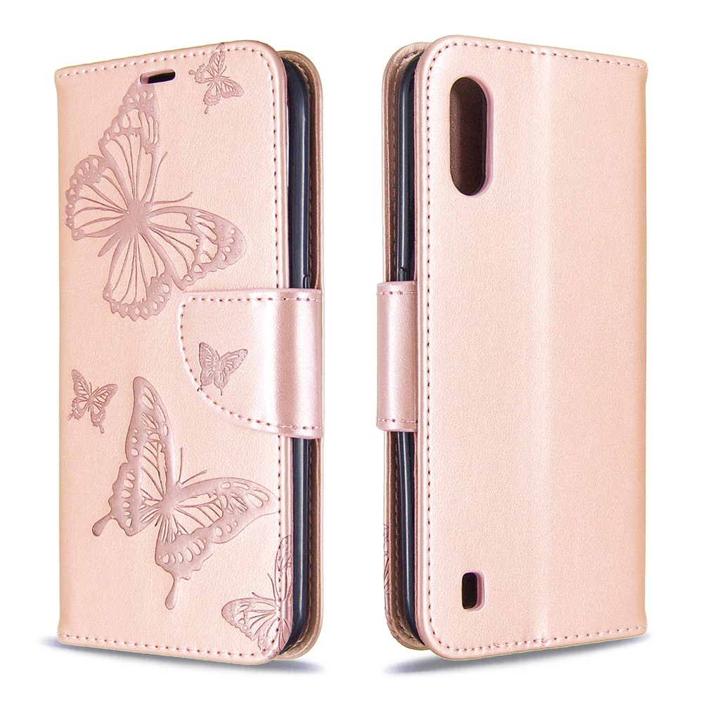 Imprint Butterfly Wallet Flip Leather Protection Shell for Samsung Galaxy A01 - Rose Gold-4