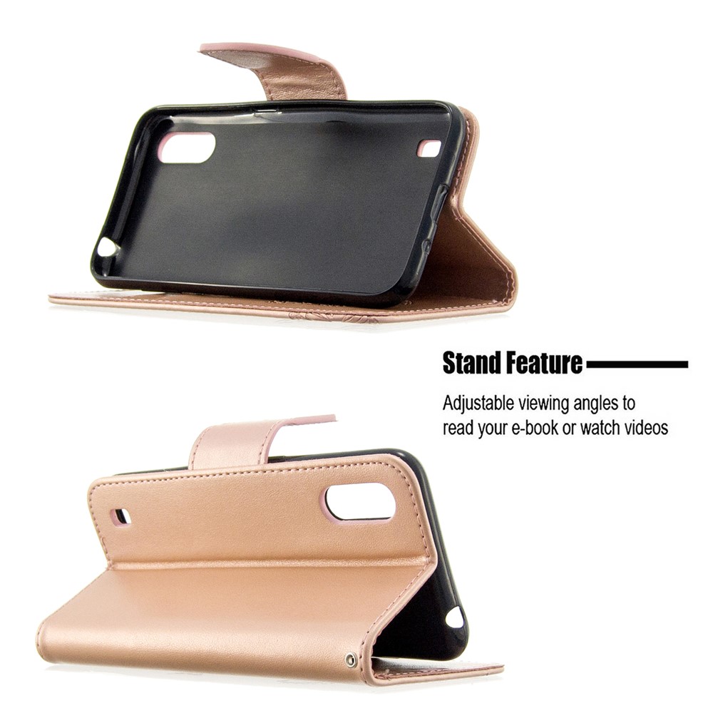 Imprint Butterfly Wallet Flip Leather Protection Shell for Samsung Galaxy A01 - Rose Gold-5