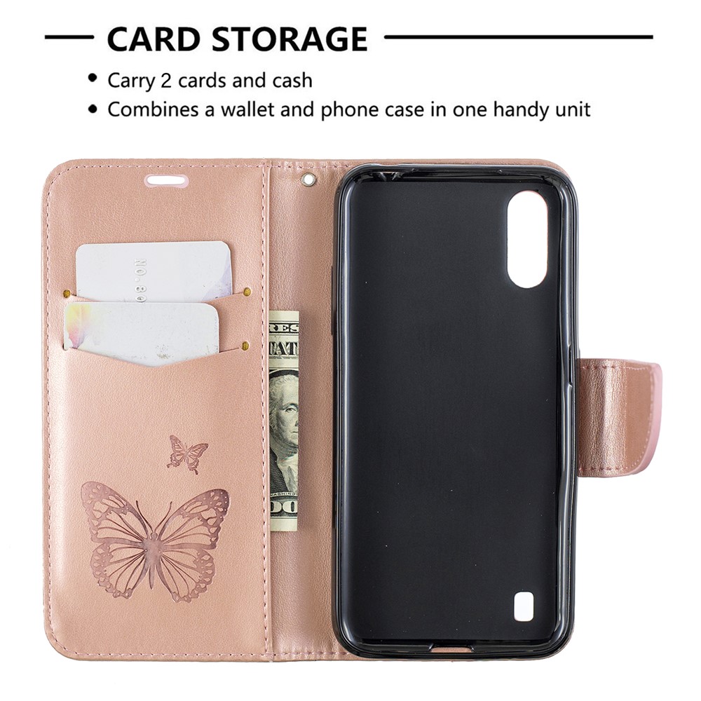 Imprint Butterfly Wallet Flip Leather Protection Shell for Samsung Galaxy A01 - Rose Gold-6