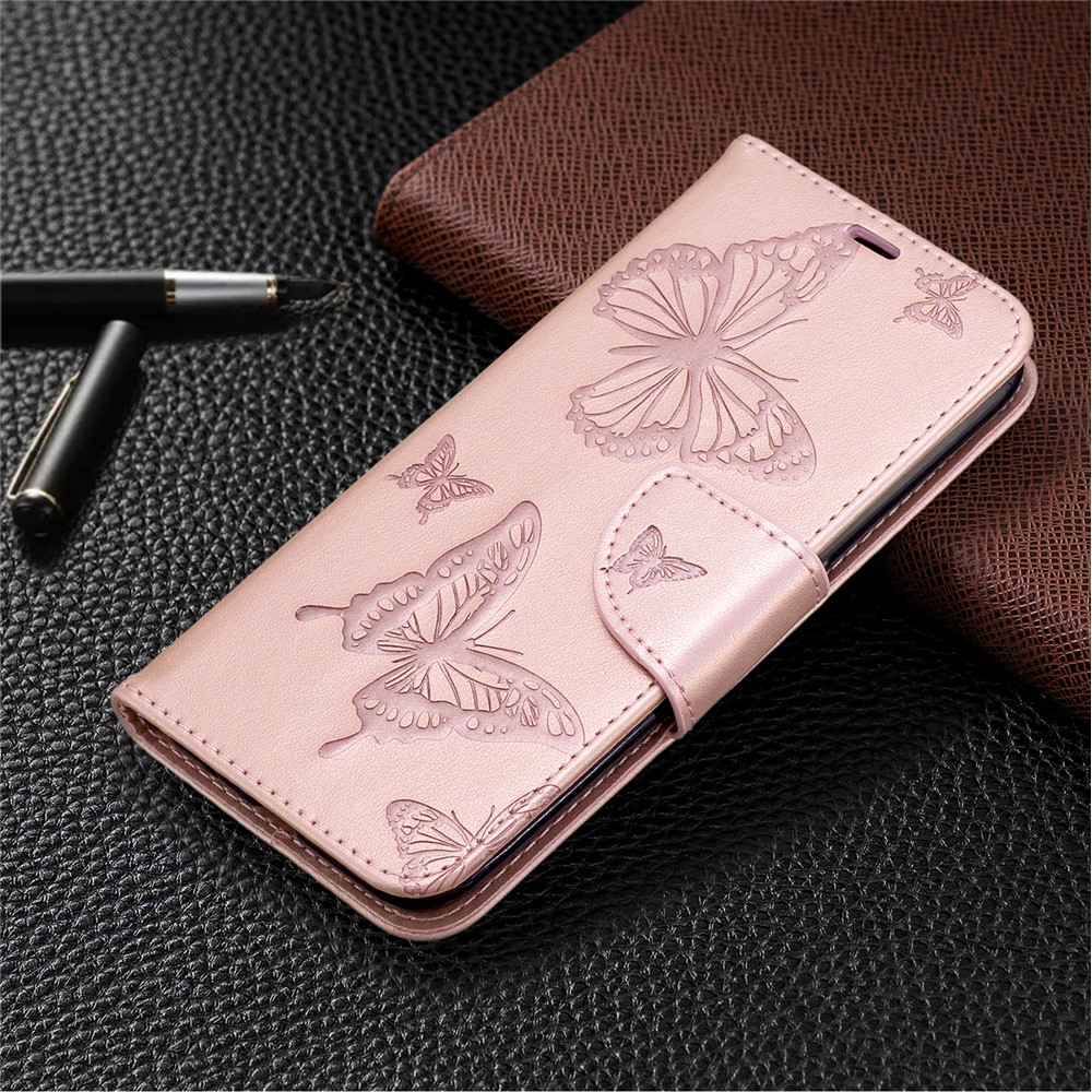 Imprint Butterfly Wallet Flip Leather Protection Shell for Samsung Galaxy A01 - Rose Gold-7