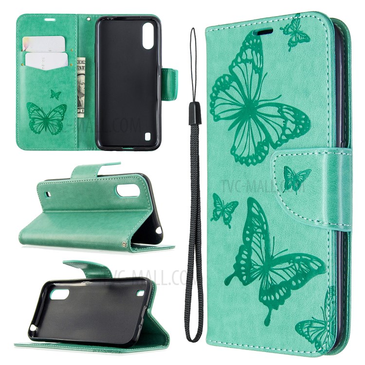 Imprint Butterfly Wallet Flip Leather Protection Shell for Samsung Galaxy A01 - Cyan-1