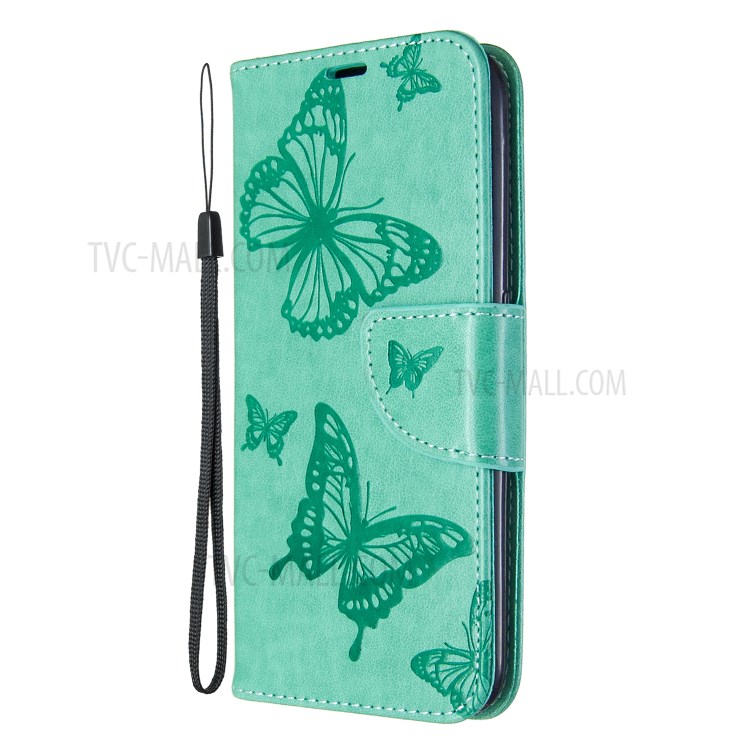 Imprint Butterfly Wallet Flip Leather Protection Shell for Samsung Galaxy A01 - Cyan-2