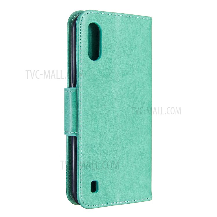 Imprint Butterfly Wallet Flip Leather Protection Shell for Samsung Galaxy A01 - Cyan-3