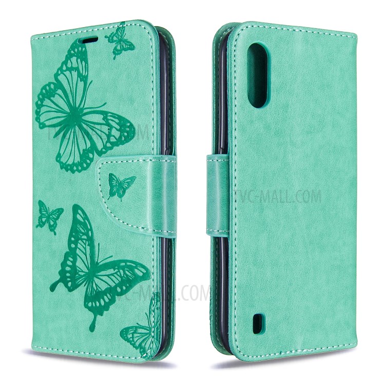 Imprint Butterfly Wallet Flip Leather Protection Shell for Samsung Galaxy A01 - Cyan-4