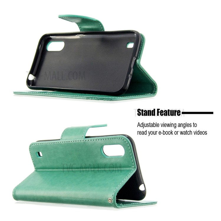 Imprint Butterfly Wallet Flip Leather Protection Shell for Samsung Galaxy A01 - Cyan-5