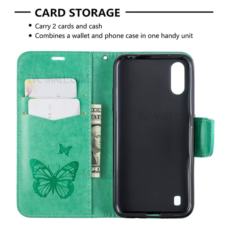 Imprint Butterfly Wallet Flip Leather Protection Shell for Samsung Galaxy A01 - Cyan-6