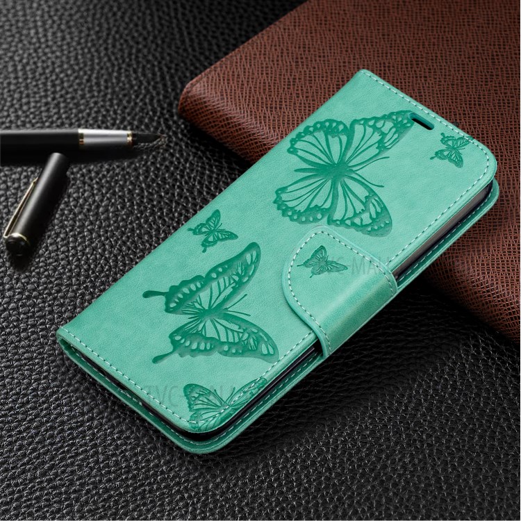 Imprint Butterfly Wallet Flip Leather Protection Shell for Samsung Galaxy A01 - Cyan-7