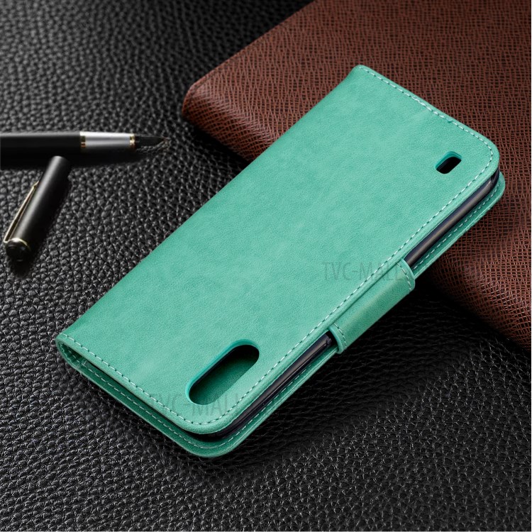 Imprint Butterfly Wallet Flip Leather Protection Shell for Samsung Galaxy A01 - Cyan-8